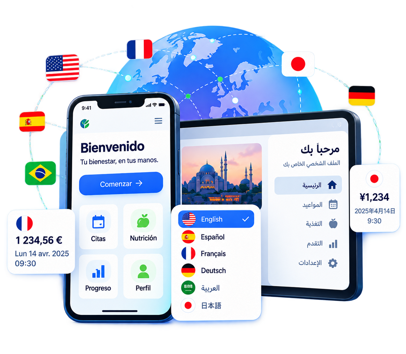 Mobile and tablet app interfaces localized into Spanish, Arabic, and other languages across global markets, surrounded by country flags and a connected globe